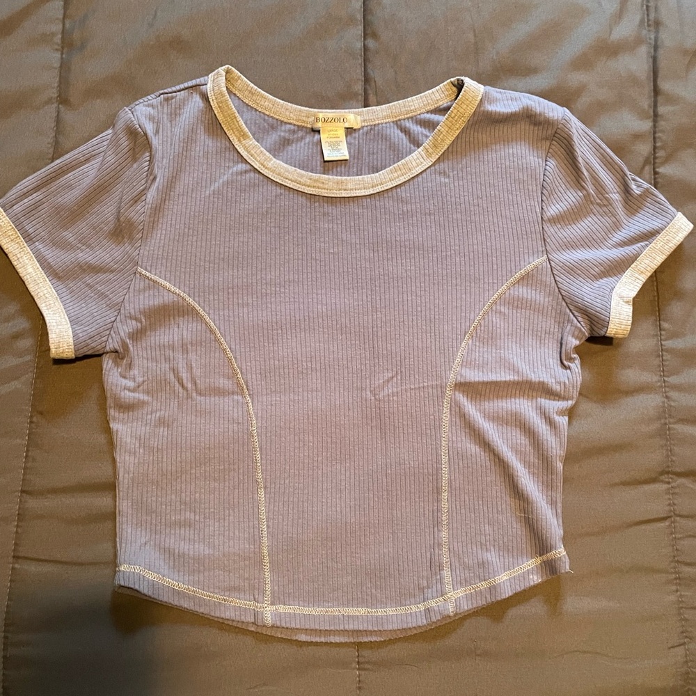 Purpley Blue Ribbed Crop Top with gray Trim